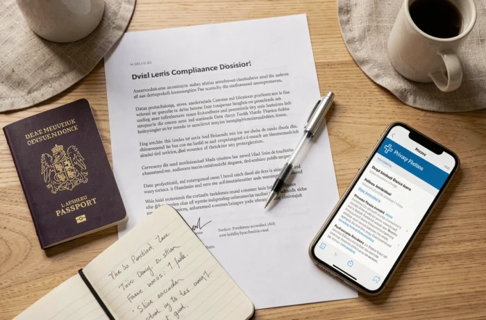Luftaufnahme eines rechtlichen Konformitätsdossiers für eine Schweizer Webseite mit Dokumenten und Anmerkungen