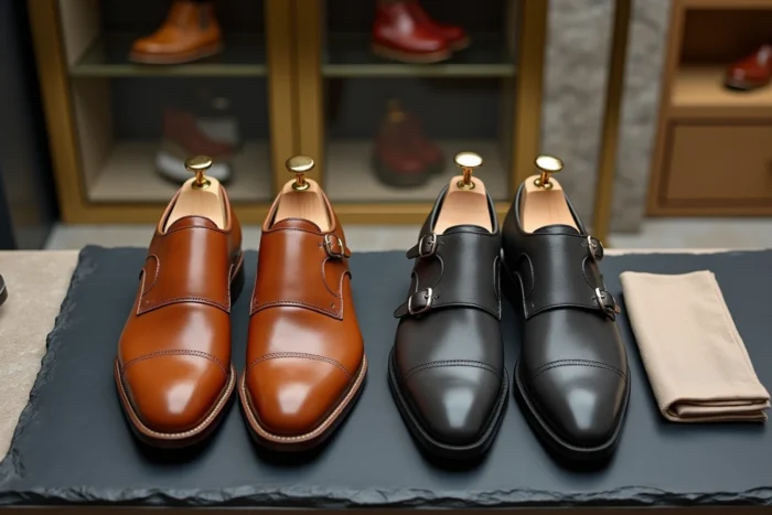 Duo de chaussures de luxe homme Derby cuir tan et monk strap graphite en boutique haut de gamme, photographie éditoriale produit