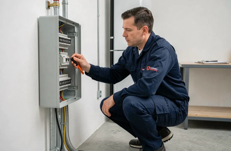 Électricien professionnel examinant un tableau électrique dans une maison résidentielle