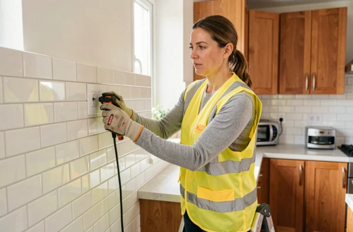 Électricienne installant une prise murale dans une cuisine moderne rénovée