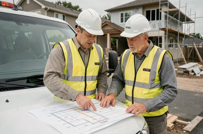 Deux électriciens consultant des plans techniques devant un chantier de construction résidentiel