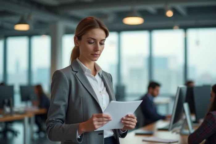 Employée lisant une lettre de notification de préavis dans un open space professionnel moderne