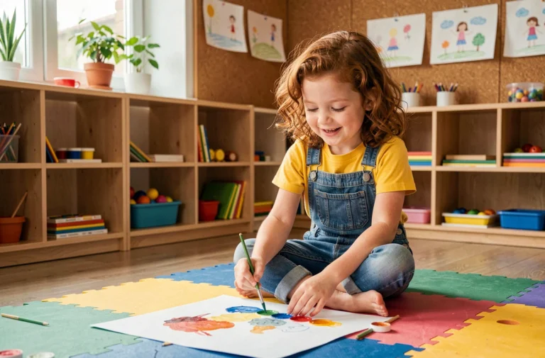 Jeune fille concentrée en train de peindre à l'aquarelle dans un espace éducatif coloré et bienveillant