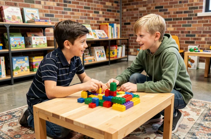 Two boys collaborating on a block construction in a children's educational activity center