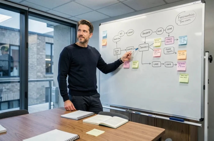 Entrepreneur masculin présentant son modèle économique sur un tableau blanc lors d'un accompagnement en couveuse