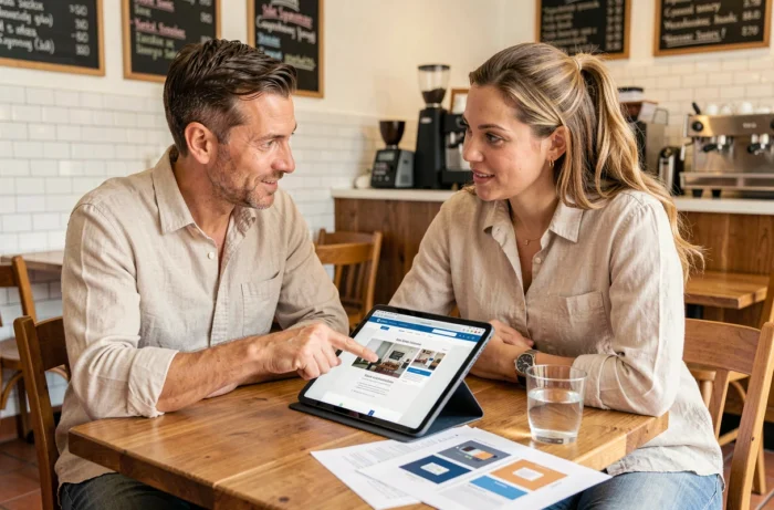 Deux entrepreneurs discutant de la création d'un site internet professionnel dans un café