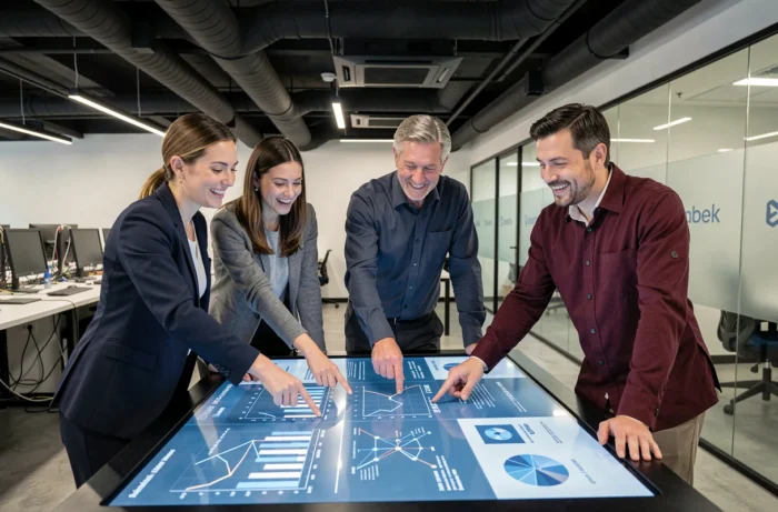 Équipe de professionnels analysant des données d'intelligence artificielle sur une table tactile interactive en entreprise