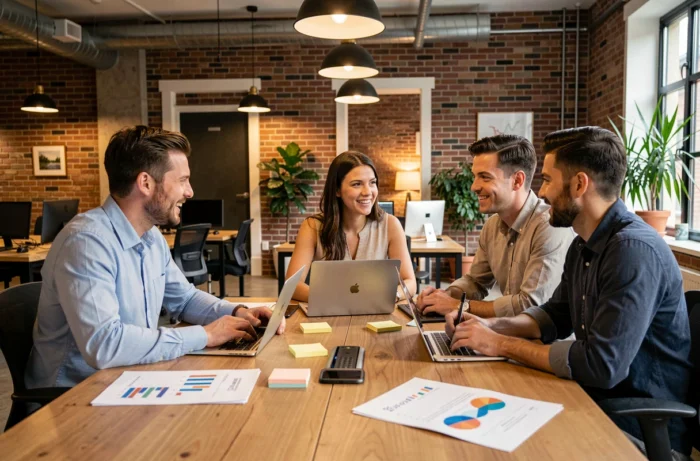 Équipe de professionnels collaborant autour d'outils numériques dans un espace de co-working moderne pour piloter la transition digitale