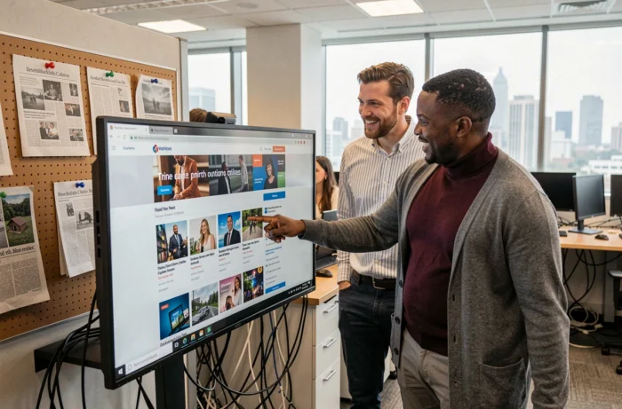 Equipo de periodistas descubriendo las nuevas tendencias digitales en una pantalla en una sala de redacción moderna