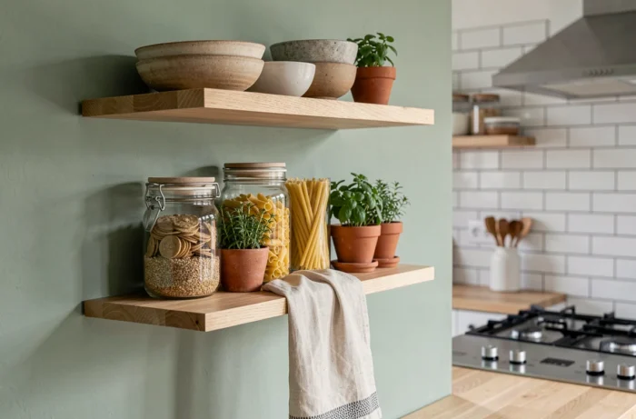 Étagère de cuisine ouverte décorée avec de la vaisselle en grès, des herbes en pot et des bocaux en verre sur mur vert sauge