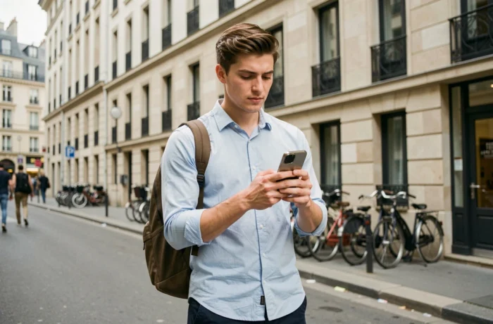 Estudiante consultando la aplicación Student Pop en una calle parisina antes de una misión de servicio