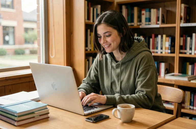 Étudiante consultant des avis sur Student Pop sur son ordinateur portable dans une bibliothèque universitaire