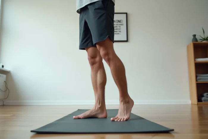 Homme âgé effectuant des exercices de relevé de pointes sur tapis de yoga pour améliorer la circulation sanguine des pieds