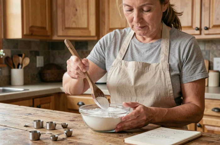 Femme préparant du bicarbonate de soude dans un bol en verre sur un plan de travail de cuisine rustique pour fabriquer un fumigène artisanal