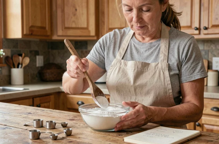 Femme préparant du bicarbonate de soude dans un bol en verre sur un plan de travail de cuisine rustique pour fabriquer un fumigène artisanal