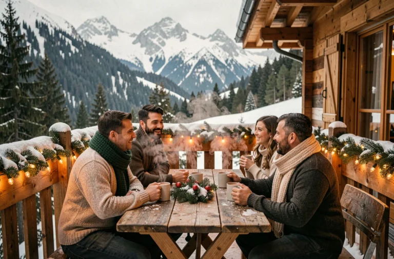 Famille en vacances de Noël sur la terrasse d'un chalet alpin aux Menuires avec chocolat chaud et décoration festive enneigée