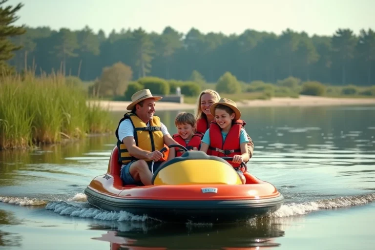 Famille faisant du pédalo sur un lac calme du Morbihan en été entourée de végétation bretonne