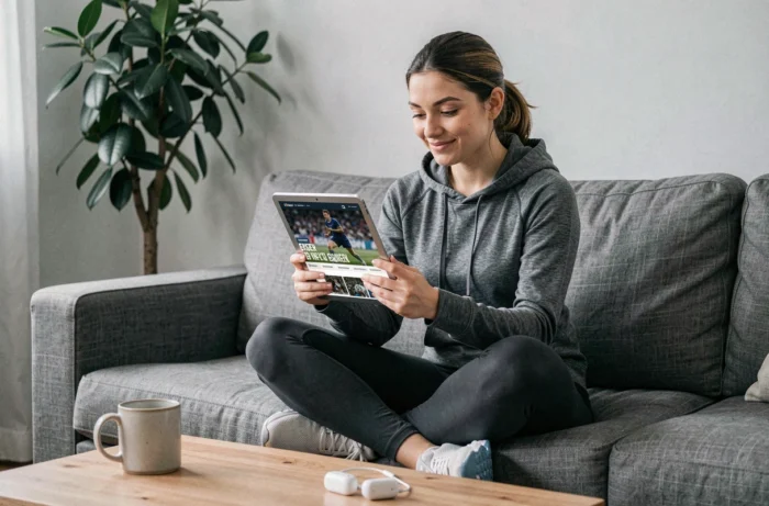 Jeune femme lisant les dernières actualités sportives sur une tablette dans un salon confortable