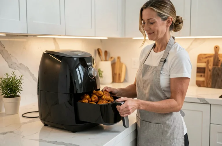 Femme utilisant un Air Fryer Ninja Foodi dans une cuisine moderne pour préparer des ailes de poulet dorées