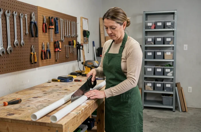 Autonomous woman DIYing in a garage, plumbing training and home repair to save money