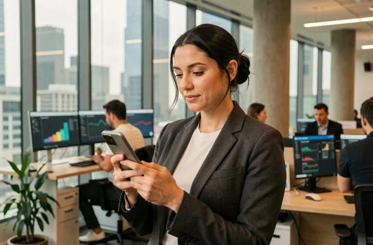 Femme professionnelle utilisant un smartphone pliable dans un bureau technologique moderne en 2024
