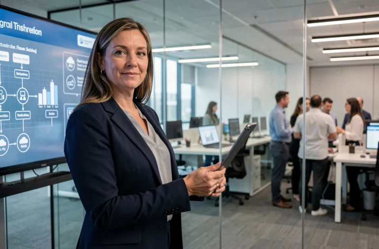 Femme cadre présentant une stratégie de transformation numérique sur un écran interactif dans une salle de réunion moderne