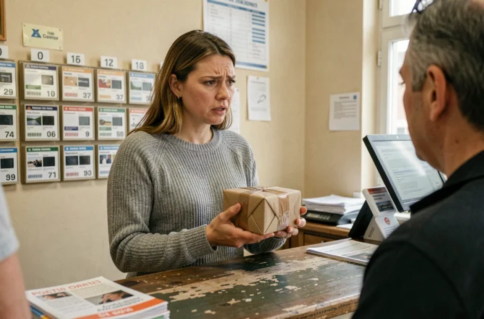 Une femme tenant un colis dans un bureau de poste français, cherchant une alternative à un point relais Vinted indisponible