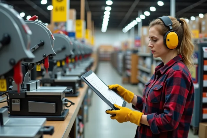 Femme comparant plusieurs modèles de scies radiales dans un magasin de bricolage spécialisé