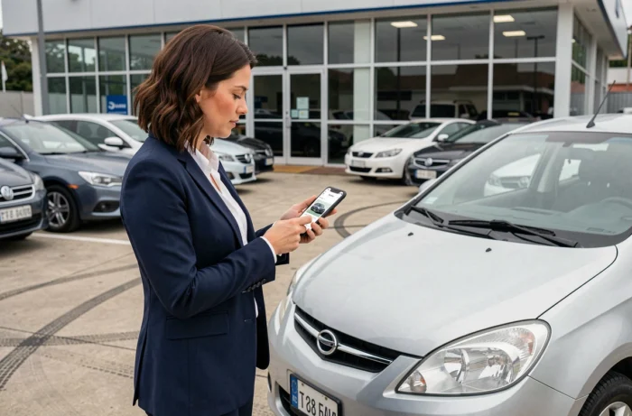 Femme comparant des voitures d'occasion sur smartphone dans un parking de concessionnaire automobile