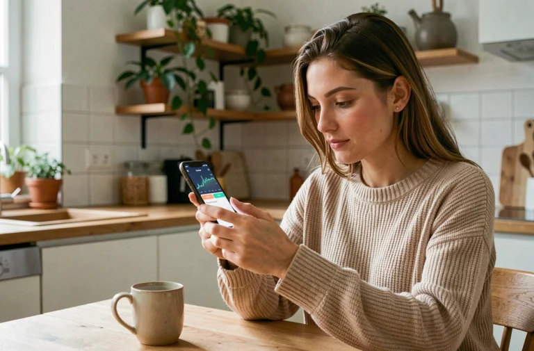 Jeune femme consultant sa consommation internet Orange sur smartphone dans une cuisine moderne