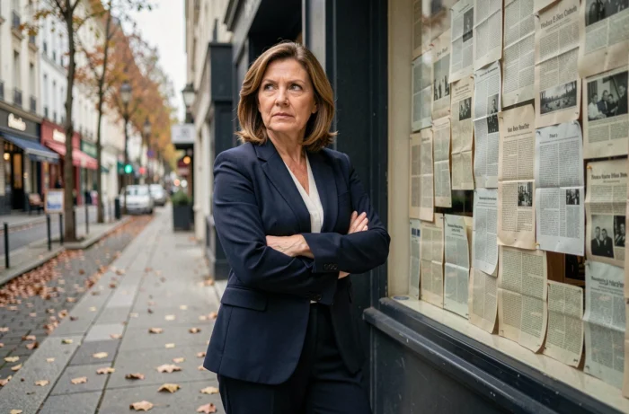 Femme d'affaires contemplative devant une boutique fermée et vitrines occultées dans une rue commerçante française