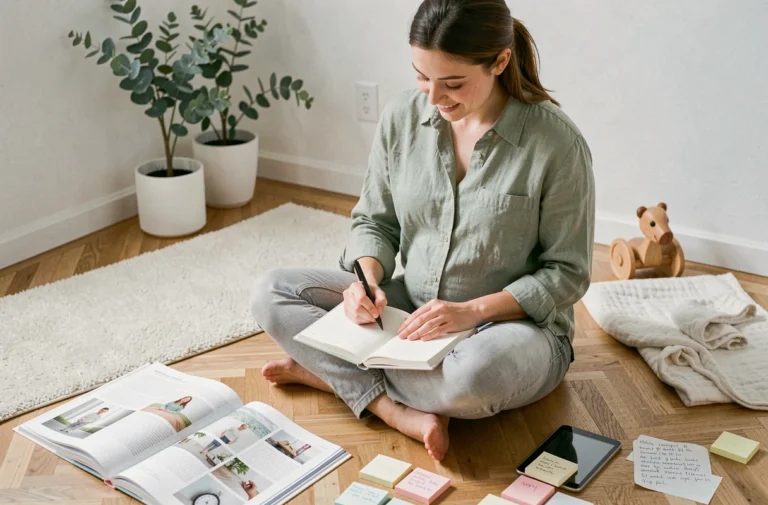 Femme enceinte préparant sa liste de naissance entourée de catalogues et de notes dans un salon scandinave