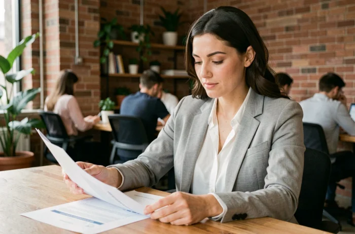 Femme entrepreneur en couveuse d'entreprises analysant son projet business dans un espace de coworking moderne