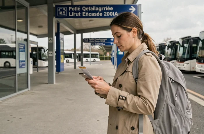 Femme consultant son billet et son smartphone dans une gare routière moderne en France