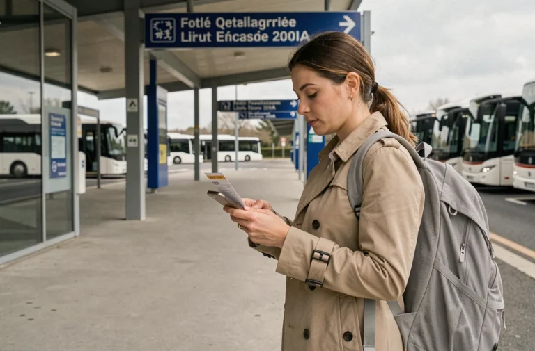 Femme consultant son billet et son smartphone dans une gare routière moderne en France