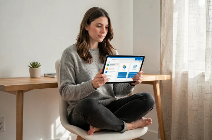 Femme consultant l'interface OneDrive sur une tablette pour comprendre où sont stockées ses données cloud