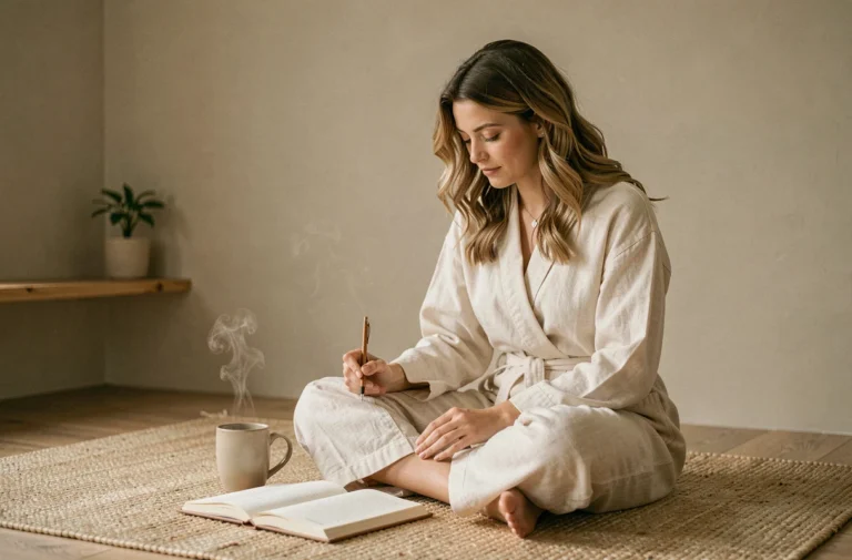 Femme en robe de chambre lin écrivant dans un journal le matin dans un intérieur minimaliste pour prendre soin d'elle