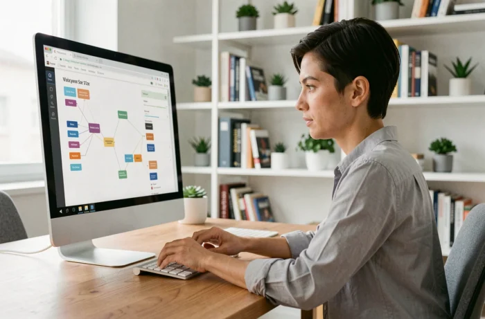 Femme naviguant sur un plan de site web sur un ordinateur de bureau dans un bureau à domicile moderne
