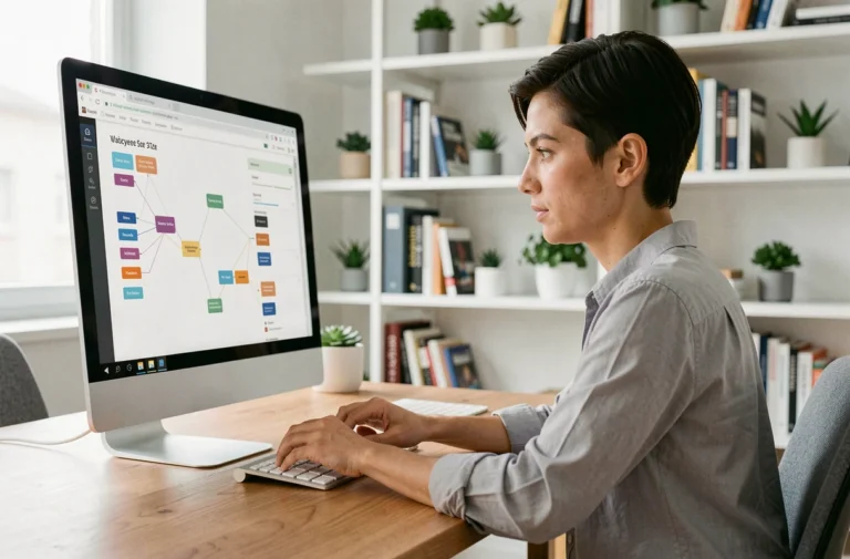 Femme naviguant sur un plan de site web sur un ordinateur de bureau dans un bureau à domicile moderne