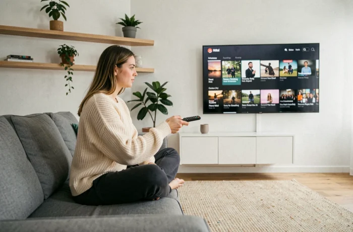 Jeune femme naviguant sur une interface de streaming depuis son canapé avec une télécommande