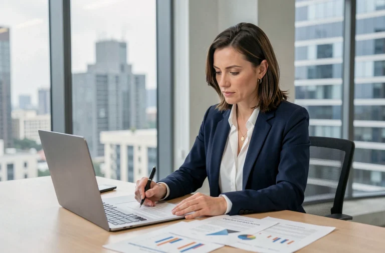 Femme professionnelle analysant des documents de crédit immobilier dans un bureau moderne avec vue sur la ville