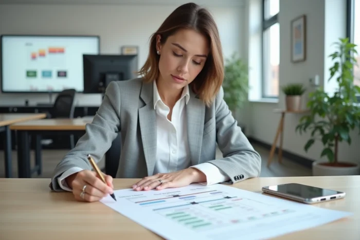 Femme professionnelle consultant un plan de site imprimé sur un bureau en bois dans un bureau moderne