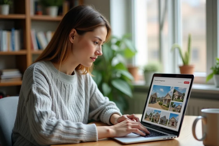 Femme consultant des annonces immobilières en ligne sur un ordinateur portable dans un bureau à domicile