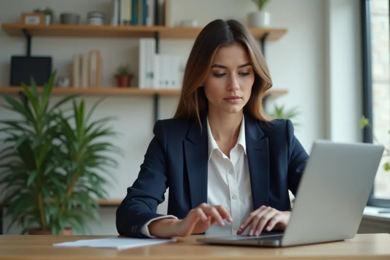 Femme concentrée cherchant un emploi en ligne sur son ordinateur portable dans un bureau à domicile moderne