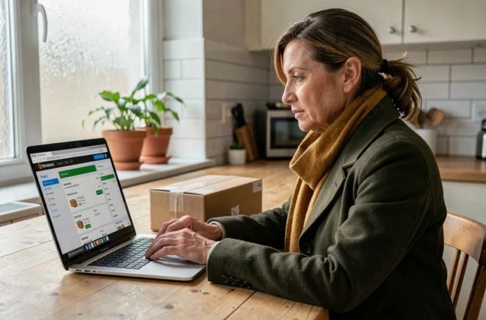 Une femme cherchant un point relais Vinted disponible sur son ordinateur portable depuis sa cuisine avec un colis prêt à expédier