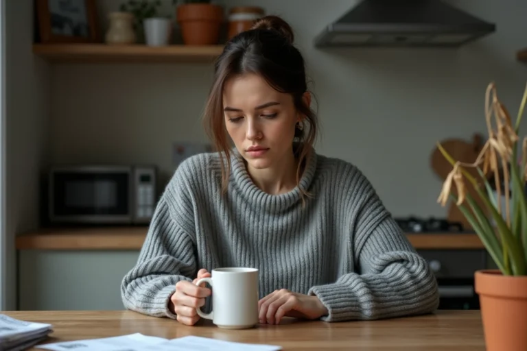 Femme seule à une table de cuisine regardant dans le vide, illustrant un changement de comportement soudain et un repli sur soi