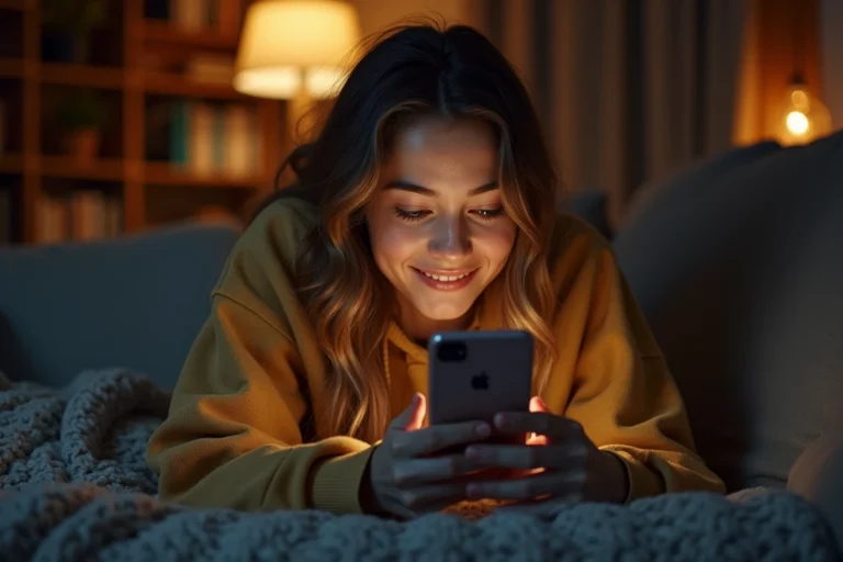 Jeune femme allongée sur un canapé la nuit tenant son smartphone et tapant un message tardif avec une expression pensive