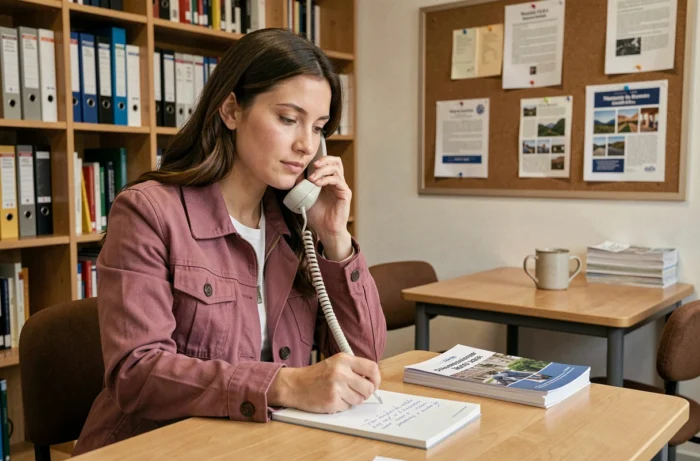 Une femme téléphonant à un centre de soutien dédié aux femmes en prenant des notes dans une salle de ressources