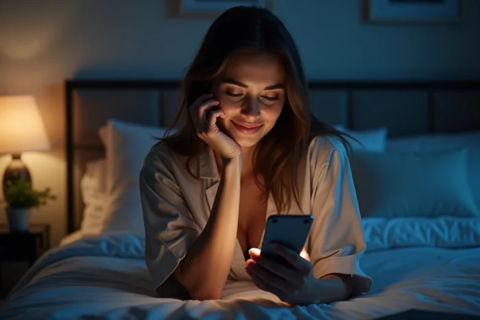 Femme souriante dans sa chambre la nuit regardant son téléphone portable avec un sourire complice en pyjama