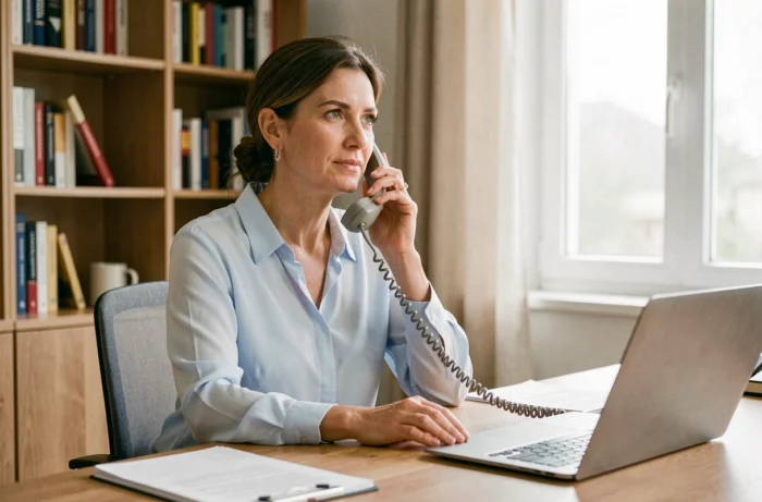 Femme au téléphone contactant le service client Crédit Immobilier de France depuis son bureau à domicile